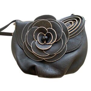 S-Q Black Vegan Leather Purse With 3D Rosette Flower Design & Polka Dot Lin
